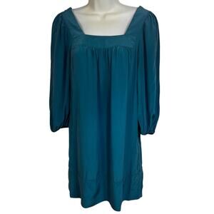 Vintage Silk Y2K Express Teal Mini Shift Dress with Square Neck EUC Size XS